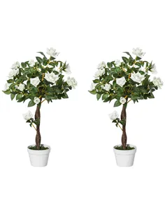 Outsunny Set of 2 Artificial Plants White Rose Floral in Pot, Fake Plants for Home Indoor Outdoor Decor, 90cm