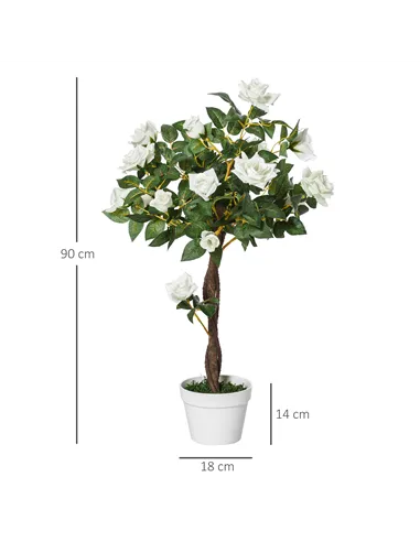 Outsunny Set of 2 Artificial Plants White Rose Floral in Pot, Fake Plants for Home Indoor Outdoor Decor, 90cm