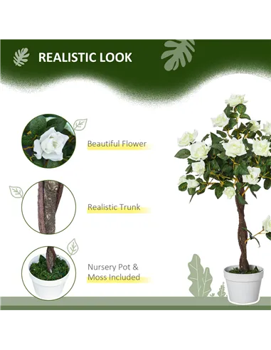 Outsunny Set of 2 Artificial Plants White Rose Floral in Pot, Fake Plants for Home Indoor Outdoor Decor, 90cm