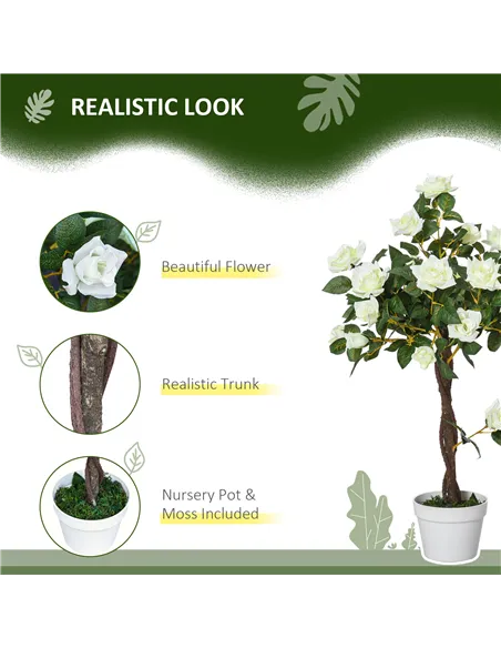 Outsunny Set of 2 Artificial Plants White Rose Floral in Pot, Fake Plants for Home Indoor Outdoor Decor, 90cm