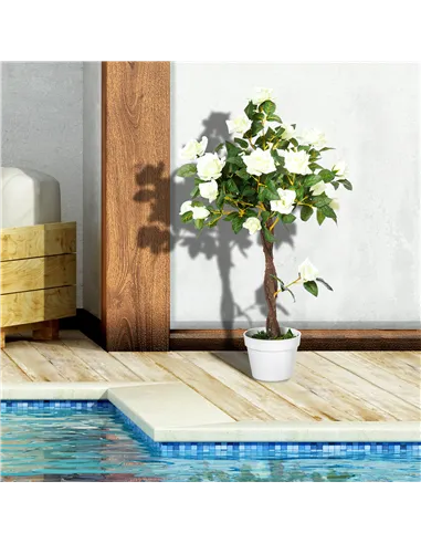 Outsunny Set of 2 Artificial Plants White Rose Floral in Pot, Fake Plants for Home Indoor Outdoor Decor, 90cm