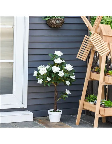 Outsunny Set of 2 Artificial Plants White Rose Floral in Pot, Fake Plants for Home Indoor Outdoor Decor, 90cm
