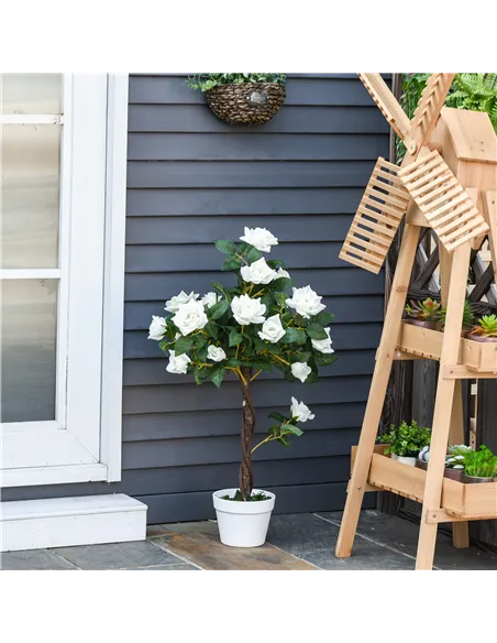 Outsunny Set of 2 Artificial Plants White Rose Floral in Pot, Fake Plants for Home Indoor Outdoor Decor, 90cm