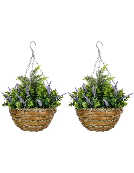 Outsunny Set of Two Artificial Hanging Lavender Flower Pots - Purple