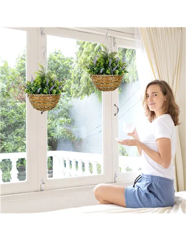 Outsunny Set of Two Artificial Hanging Lavender Flower Pots - Purple