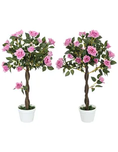 Outsunny Set of 2 Artificial Plants White Rose Floral in Pot, Fake Plants for Home Indoor Decor, 90cm, Purple