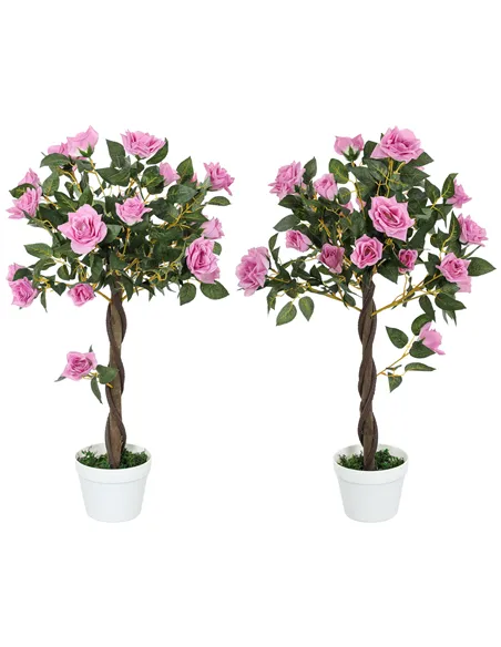 Outsunny Set of 2 Artificial Plants White Rose Floral in Pot, Fake Plants for Home Indoor Decor, 90cm, Purple