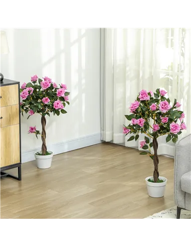 Outsunny Set of 2 Artificial Plants White Rose Floral in Pot, Fake Plants for Home Indoor Decor, 90cm, Purple