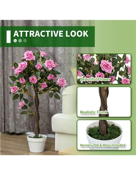 Outsunny Set of 2 Artificial Plants White Rose Floral in Pot, Fake Plants for Home Indoor Decor, 90cm, Purple