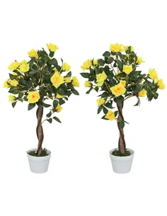 Outsunny Set of 2 Artificial Plants White Rose Floral in Pot, Fake Plants for Home Indoor Decor, 90cm, Yellow