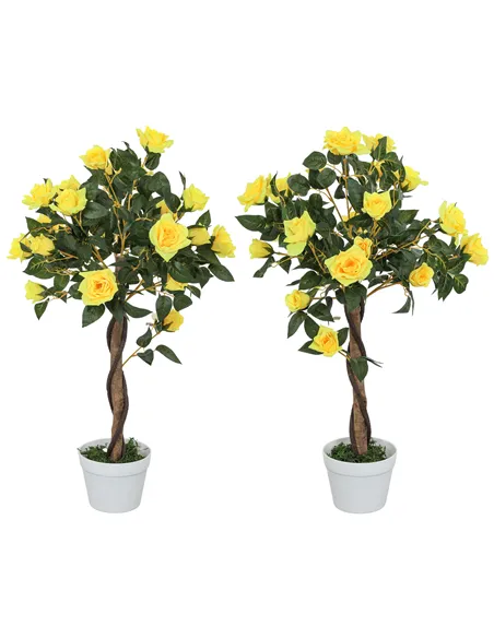 Outsunny Set of 2 Artificial Plants White Rose Floral in Pot, Fake Plants for Home Indoor Decor, 90cm, Yellow