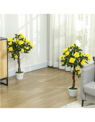 Outsunny Set of 2 Artificial Plants White Rose Floral in Pot, Fake Plants for Home Indoor Decor, 90cm, Yellow