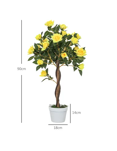 Outsunny Set of 2 Artificial Plants White Rose Floral in Pot, Fake Plants for Home Indoor Decor, 90cm, Yellow