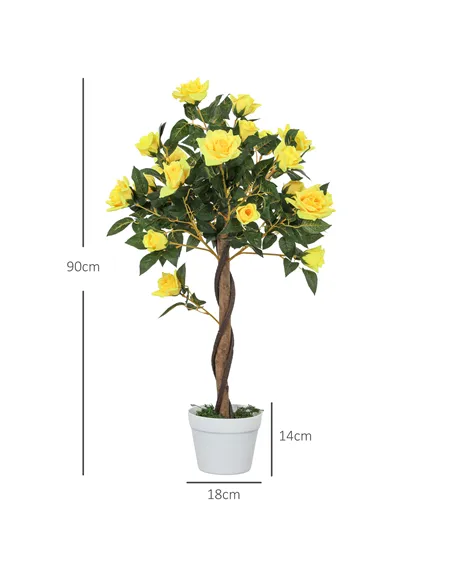 Outsunny Set of 2 Artificial Plants White Rose Floral in Pot, Fake Plants for Home Indoor Decor, 90cm, Yellow