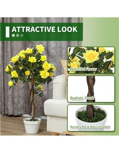 Outsunny Set of 2 Artificial Plants White Rose Floral in Pot, Fake Plants for Home Indoor Decor, 90cm, Yellow
