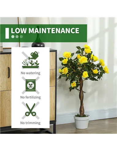 Outsunny Set of 2 Artificial Plants White Rose Floral in Pot, Fake Plants for Home Indoor Decor, 90cm, Yellow