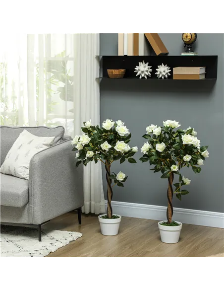 Outsunny Set of Two Faux Rose Trees - White
