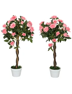 Outsunny Set of 2 Artificial Plants Pink Rose Floral in Pot, Fake Plants for Home Indoor Decor, 90cm