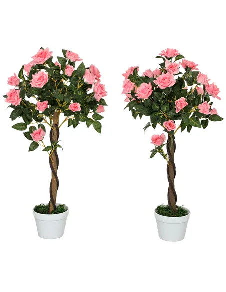 Outsunny Set of 2 Artificial Plants Pink Rose Floral in Pot, Fake Plants for Home Indoor Decor, 90cm