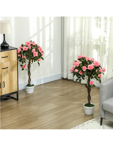Outsunny Set of 2 Artificial Plants Pink Rose Floral in Pot, Fake Plants for Home Indoor Decor, 90cm