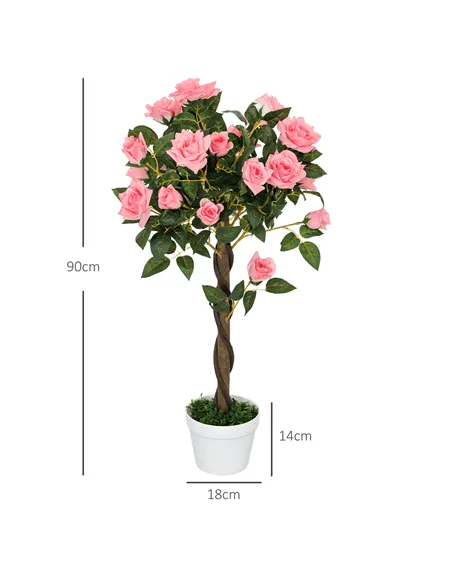 Outsunny Set of 2 Artificial Plants Pink Rose Floral in Pot, Fake Plants for Home Indoor Decor, 90cm