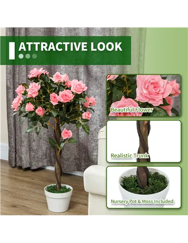 Outsunny Set of 2 Artificial Plants Pink Rose Floral in Pot, Fake Plants for Home Indoor Decor, 90cm