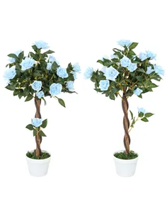 Outsunny Set of 2 Artificial Plants White Rose Floral in Pot, Fake Plants for Home Indoor Decor, 90cm, Light Blue
