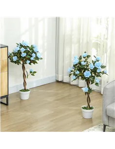 Outsunny Set of 2 Artificial Plants White Rose Floral in Pot, Fake Plants for Home Indoor Decor, 90cm, Light Blue 2