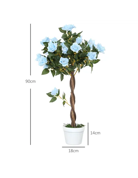 Outsunny Set of 2 Artificial Plants White Rose Floral in Pot, Fake Plants for Home Indoor Decor, 90cm, Light Blue