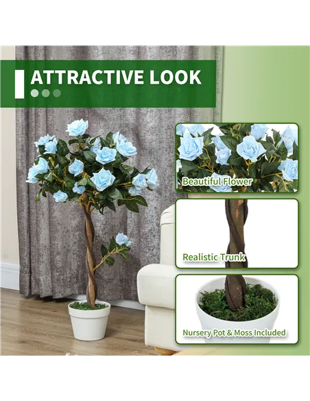 Outsunny Set of 2 Artificial Plants White Rose Floral in Pot, Fake Plants for Home Indoor Decor, 90cm, Light Blue