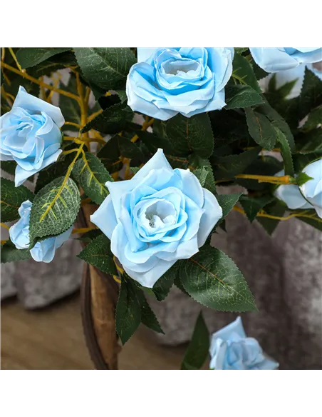 Outsunny Set of 2 Artificial Plants White Rose Floral in Pot, Fake Plants for Home Indoor Decor, 90cm, Light Blue