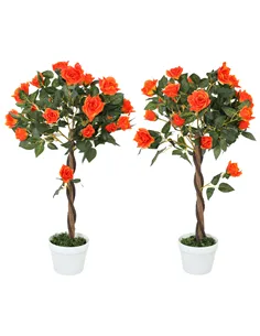 Outsunny Set of 2 Artificial Plants White Rose Floral in Pot, Fake Plants for Home Indoor Decor, 90cm, Orange