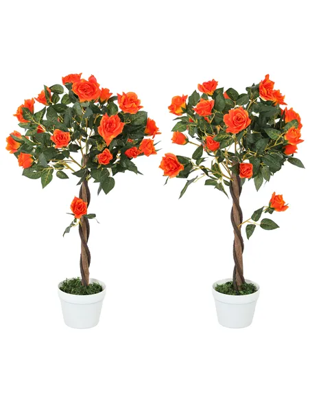 Outsunny Set of 2 Artificial Plants White Rose Floral in Pot, Fake Plants for Home Indoor Decor, 90cm, Orange