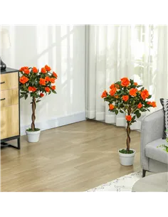 Outsunny Set of 2 Artificial Plants White Rose Floral in Pot, Fake Plants for Home Indoor Decor, 90cm, Orange 2