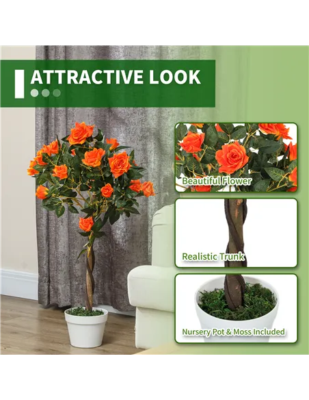 Outsunny Set of 2 Artificial Plants White Rose Floral in Pot, Fake Plants for Home Indoor Decor, 90cm, Orange
