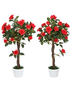 Outsunny Set of 2 Artificial Plants White Rose Floral in Pot, Fake Plants for Home Indoor Decor, 90cm, Red