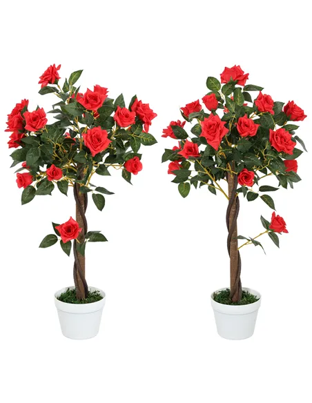 Outsunny Set of 2 Artificial Plants White Rose Floral in Pot, Fake Plants for Home Indoor Decor, 90cm, Red