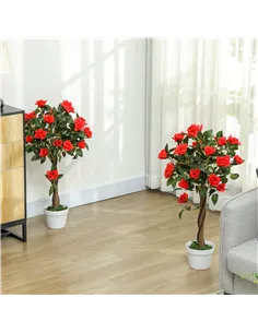 Outsunny Set of 2 Artificial Plants White Rose Floral in Pot, Fake Plants for Home Indoor Decor, 90cm, Red 2