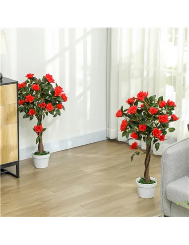 Outsunny Set of 2 Artificial Plants White Rose Floral in Pot, Fake Plants for Home Indoor Decor, 90cm, Red