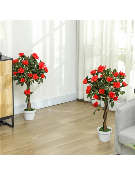 Outsunny Set of 2 Artificial Plants White Rose Floral in Pot, Fake Plants for Home Indoor Decor, 90cm, Red