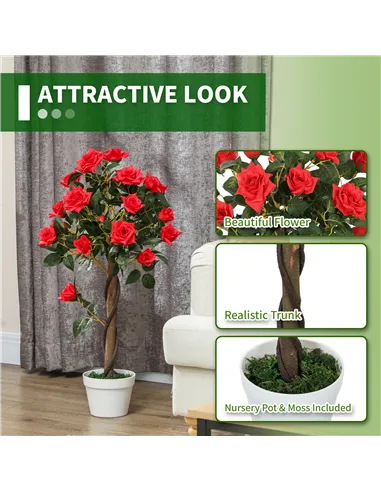 Outsunny Set of 2 Artificial Plants White Rose Floral in Pot, Fake Plants for Home Indoor Decor, 90cm, Red