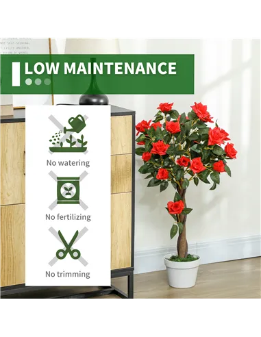 Outsunny Set of 2 Artificial Plants White Rose Floral in Pot, Fake Plants for Home Indoor Decor, 90cm, Red