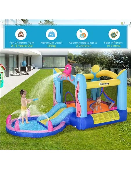 Outsunny Bounce Castle Inflatable Trampoline Slide Pool Octopus Design 3.8 x 2 x 1.8m