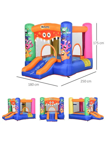 Outsunny Bouncy Castle Inflatable Basket Trampoline Slide Monster Design 180 x 250 x 175 (CM)