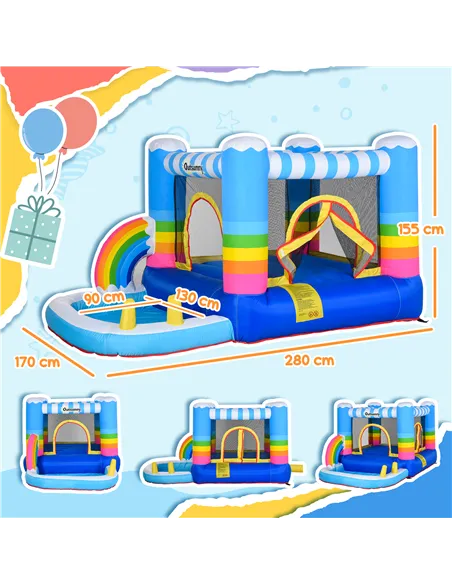 Outsunny Kids Bounce Castle Inflatable House with Trampoline Pool Climbing Wall with Inflator Carrybag, 2.8 x 1.7 x 1.55m