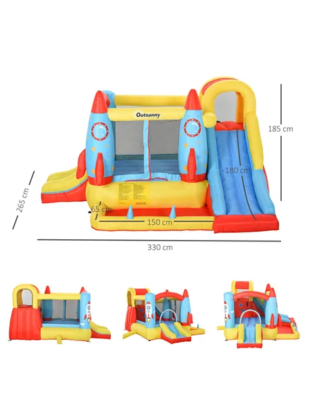 Outsunny Bounce Castle Inflatable Trampoline Slide Pool Rocket Design 3.4 x 2.8 x 1.85m