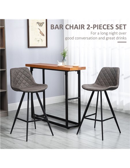 HOMCOM Set Of 2 Bar Stools Vintage Microfiber Cloth Tub Seats Padded Comfortable Steel Frame Footrest Quilted Home Bar Cafe Kitc