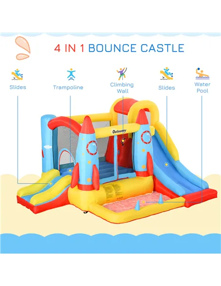 Outsunny Bounce Castle Inflatable Trampoline Slide Pool Rocket Design 3.4 x 2.8 x 1.85m