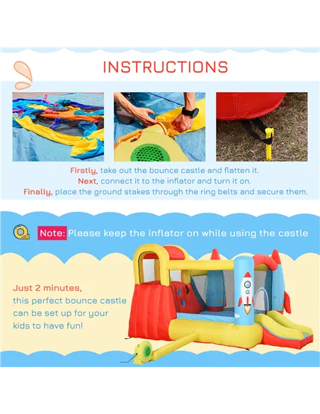 Outsunny Bounce Castle Inflatable Trampoline Slide Pool Rocket Design 3.4 x 2.8 x 1.85m