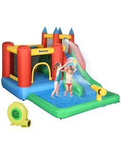 Outsunny Kids Inflatable Bouncy Castle Water Slide 6 in 1 Bounce House Jumping Castle Water Pool Gun Climbing Wall Basketball Ho